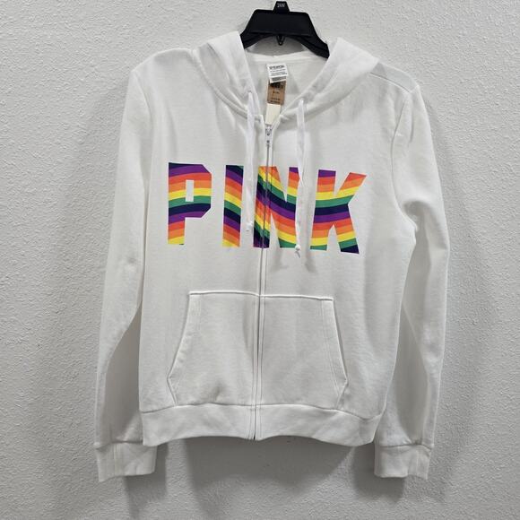 Victoria Secret PINK Hoodie Rainbow Logo XL White New Jacket - Picture 2 of 11